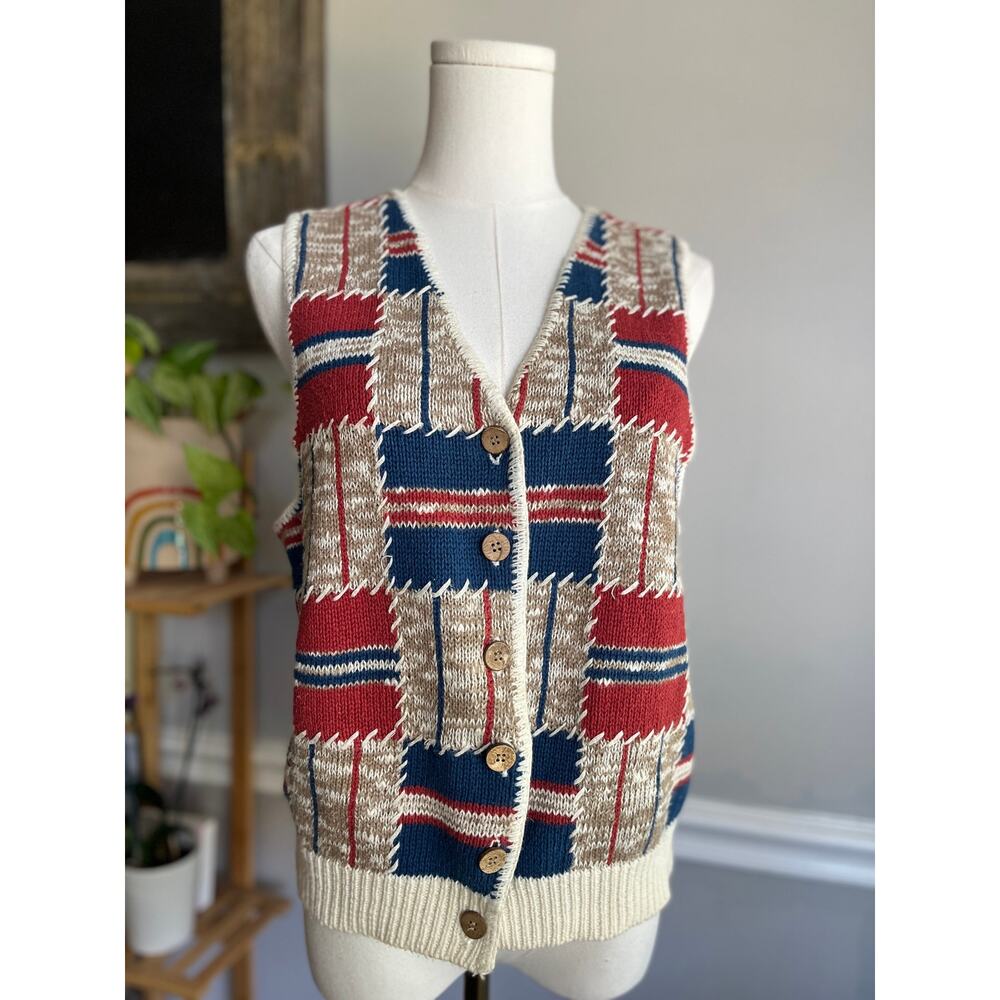 Vintage 90s Patchwork Sweater Vest Red White Blue Heritage Size Small